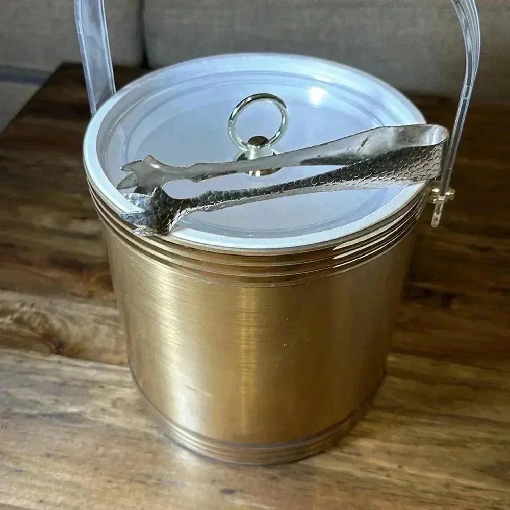 Vintage Ice Bucket Mid Century Modern MCM Copper/Gold w Ice Tongs Made in USA